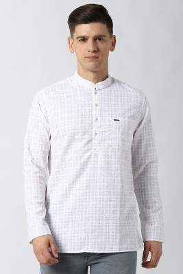 PETER ENGLAND Men Checkered Straight Kurta(White)