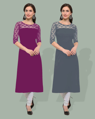 Maheshvi Women Solid, Self Design Straight Kurta(Purple, Grey)