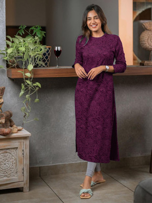 HouseOfCommon Women Printed Straight Kurta(Purple)