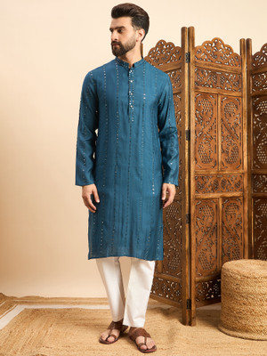 House of Pataudi Men Embroidered Straight Kurta(Blue)