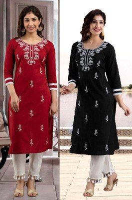 HouseOfCommon Women Chikan Embroidery Straight Kurta(Multicolor)