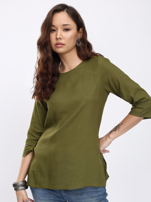 Anouk Rustic Women Solid Straight Kurta(Green)