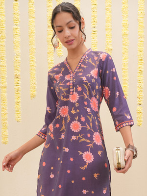 Vishudh Women Printed Straight Kurta(Purple)