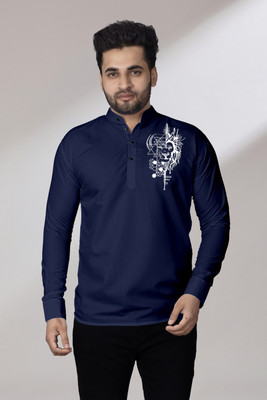 hfm Men Printed Straight Kurta(Light Blue)