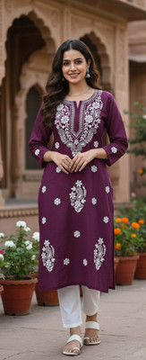 CHIKANKRI Women Chikan Embroidery Straight Kurta(Purple, White)