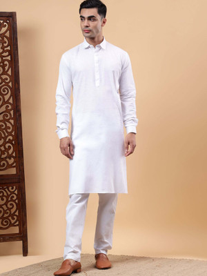 Yugnik Men Solid A-line Kurta(White)