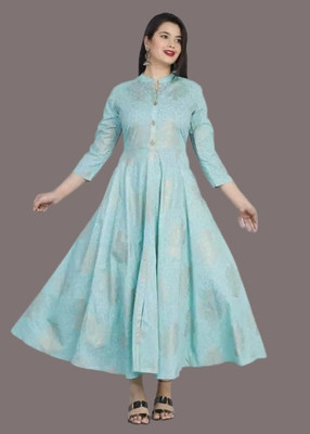 AnviTextile Women Printed Flared Kurta(Blue)
