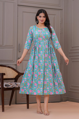 RILAKE Women Printed Flared Kurta(Dark Blue)