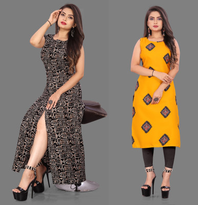Modli 20 Fashion Women Printed Straight Kurta(Yellow, Black)