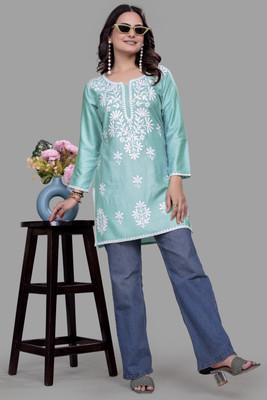 shivshakti faishon Women Chikan Embroidery A-line Kurta(Blue)