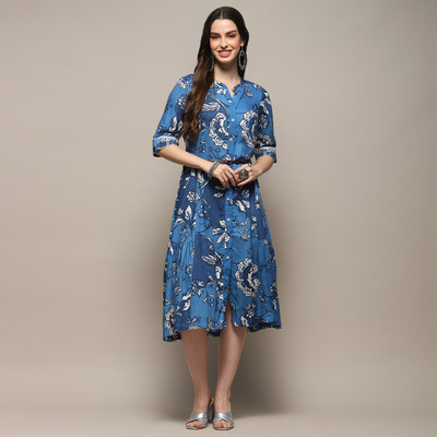 BIBA Women A-line Dark Blue, Blue, White Below Knee Dress