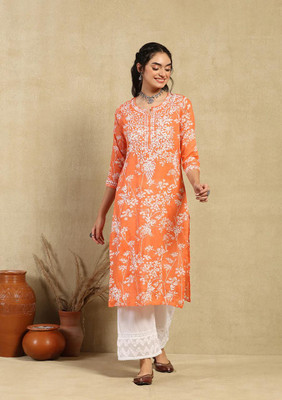 TRENDINAARI Women Embroidered, Floral Print Straight Kurta(Green)