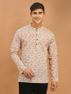 DEYANN Men Floral Print Straight Kurta(White)