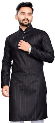 Tezys Men Striped, Self Design Straight Kurta(Black)