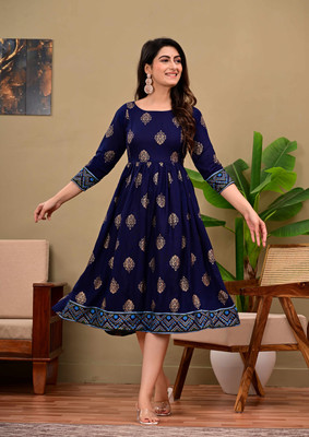 PG Garments Women Printed Anarkali Kurta(Dark Blue)