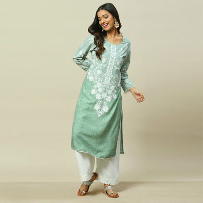 RANGRITI Women Printed Straight Kurta(Green)