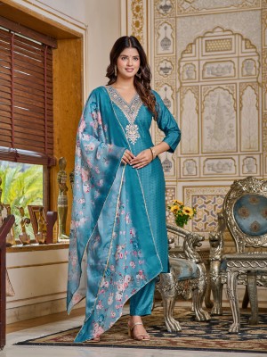 aadhiya impex Women Embroidered A-line Kurta(Light Blue)