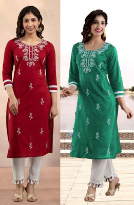 vikshi Women Embroidered Straight Kurta(Multicolor)