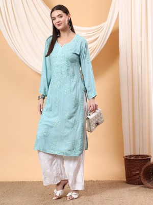 Poshak Chikan Studio Women Embroidered Straight Kurta(Light Green)