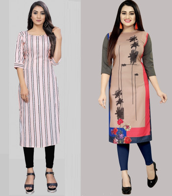 maruti fab Women Striped, Floral Print Straight Kurta(Beige, White)