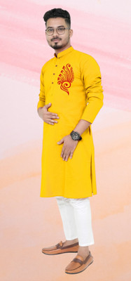 biswass Men Printed, Self Design Straight Kurta(Yellow)