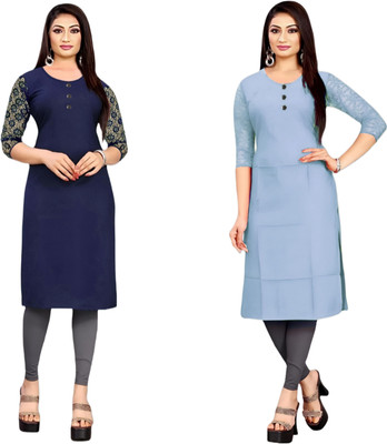 HOFC Women Solid Straight Kurta(Blue, Grey)