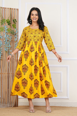 Priyshi Designing Women Printed Flared Kurta(Yellow)