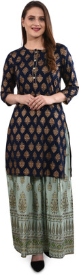 Anutarra Women Printed Straight Kurta(Blue)