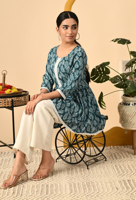 Glowworld Women Printed Flared Kurta(Blue)