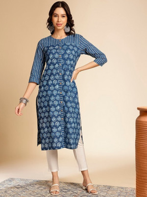 ANOUK Women Printed Straight Kurta(Dark Blue)