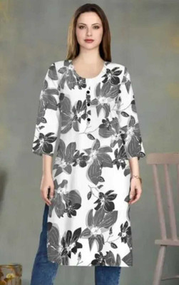 Ajfashions Women Printed Straight Kurta(Black, White)