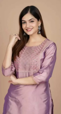 Sanjh Women Embroidered Straight Kurta(Purple)