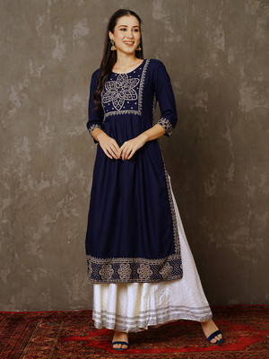 Indo Era Women Embroidered A-line Kurta(Blue)