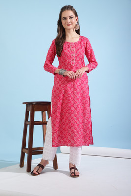 Faxmon Fashion Women Bandhani Straight Kurta(Pink)