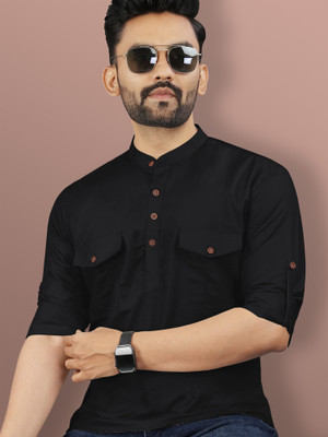 VeBNoR Men Self Design Straight Kurta(Black)