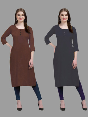 Coft Women Solid Straight Kurta(Grey, Maroon)
