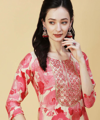 PHYSIL Women Embroidered, Printed Straight Kurta(Red)