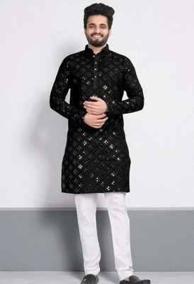 BISWAS Men Embroidered, Embellished Straight Kurta(Black)