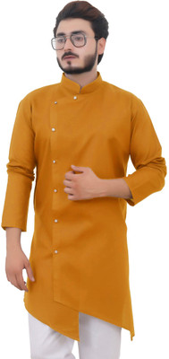 Tibra Collection Men Solid Asymmetric Kurta(Yellow)