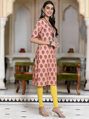 Moda Rapido Women Floral Print Straight Kurta(Orange)