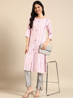 Showoff Women Striped Straight Kurta(Pink)