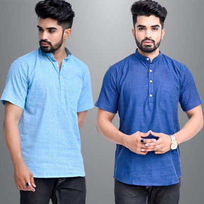 QuaClo Men Solid Straight Kurta(Light Blue, Dark Blue)