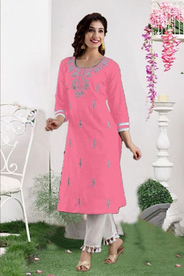 vikshi Women Chikan Embroidery Straight Kurta(Pink)