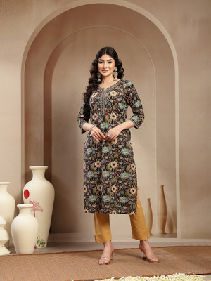 Stylum Women Floral Print Straight Kurta(Black)