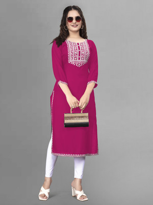 PATDOM Women Embroidered A-line Kurta(Pink, White)