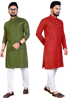 JENZEE Men Striped Straight Kurta(Green, Red)