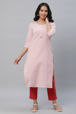 Aurelia Women Striped Straight Kurta(Pink)