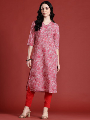 ANOUK Women Printed Straight Kurta(Pink)