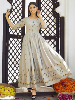 hardik fab Women Printed Flared Kurta(Grey)