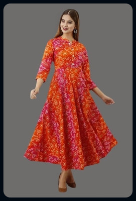 RACHNA FASHION Women Printed Flared Kurta(Orange, Pink)